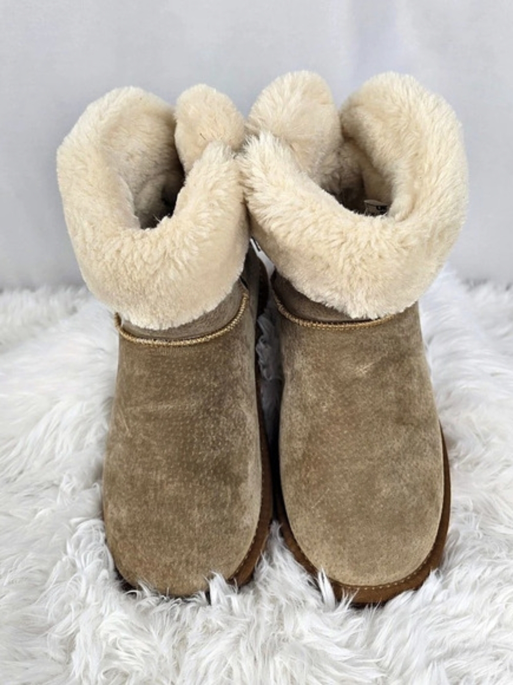 LAMO Women’s Size 8 Tan Suede Faux Fur Ankle Boots Bow Zip Winter